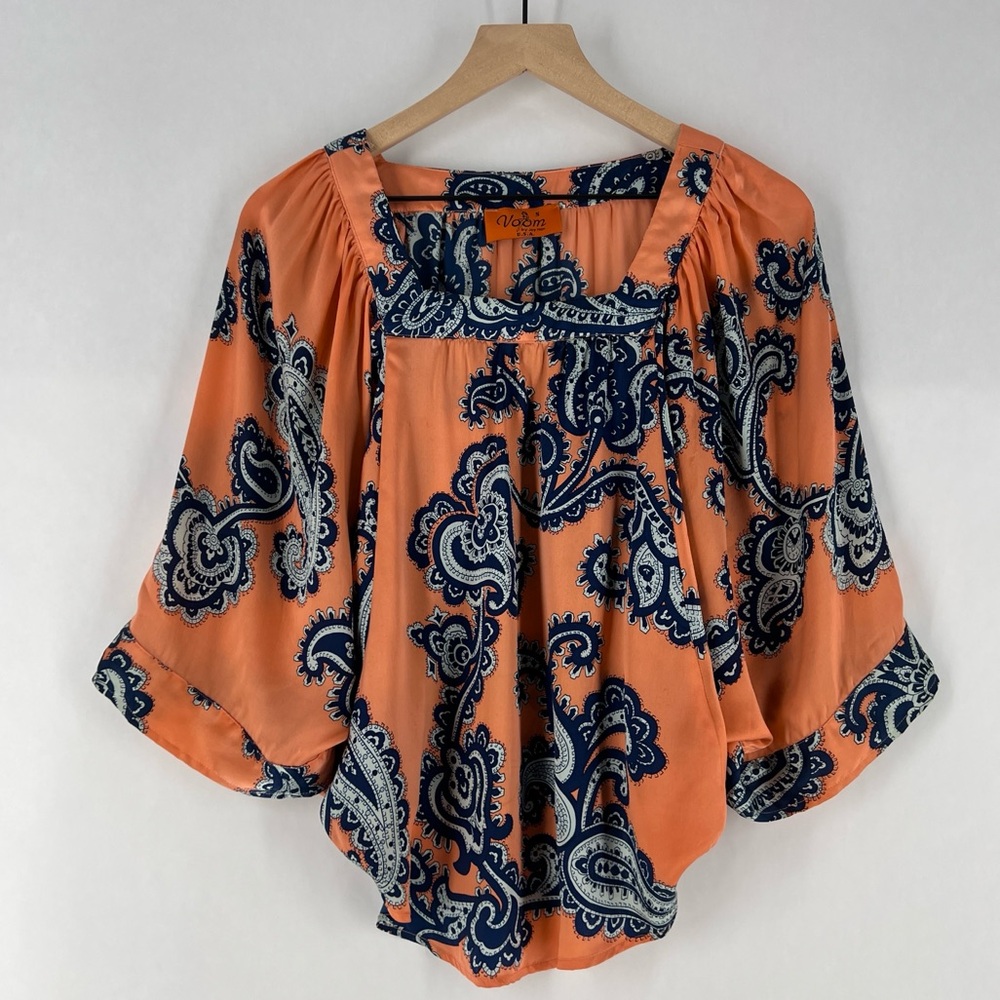 Voom by Joy Han Satin Paisley Print Relaxed Fit Batwing Blouse Boho Lightweight